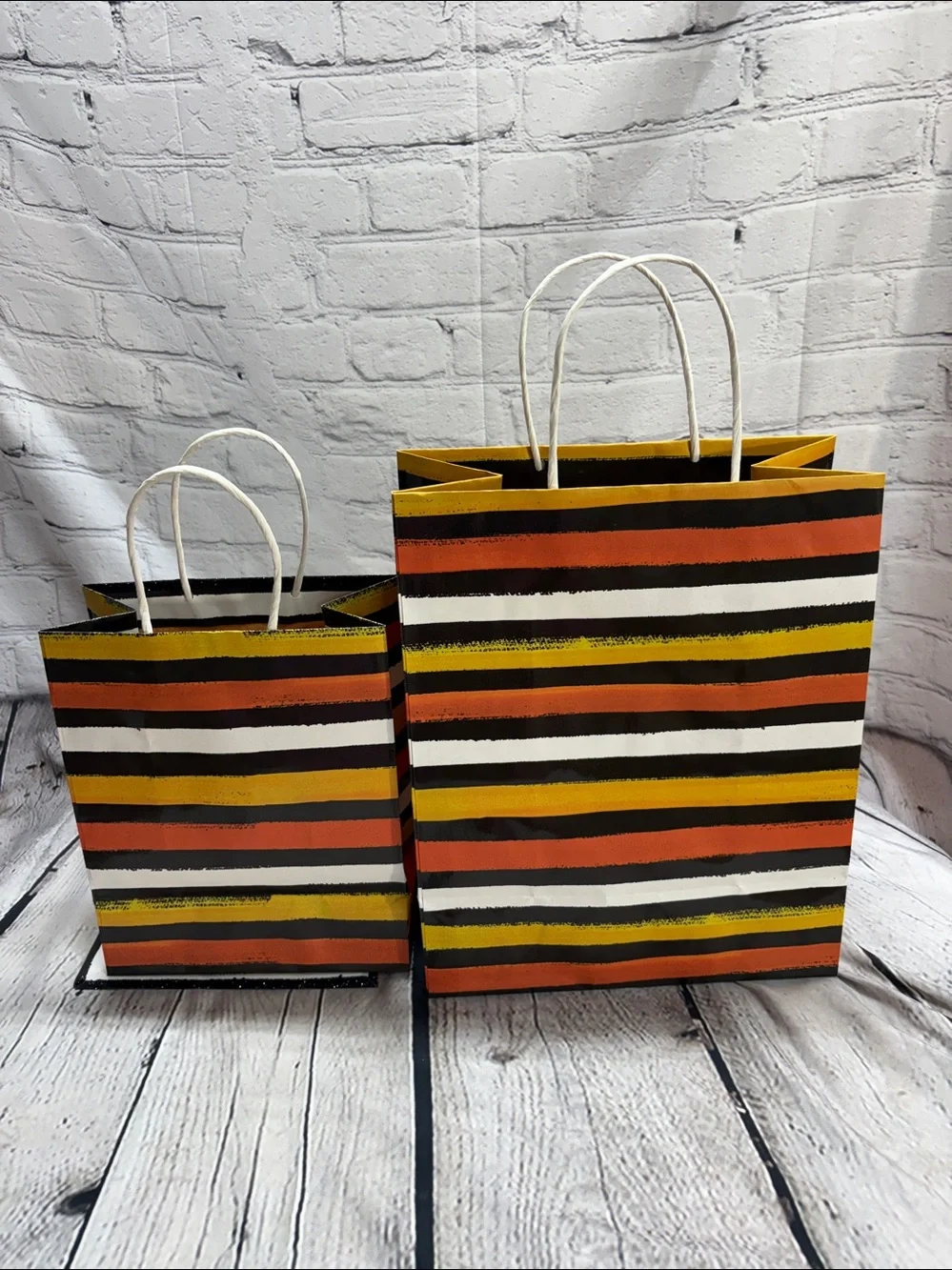 Striped (5) Hallmark Halloween gift bags Black, Orange, Yellow, White  glitter